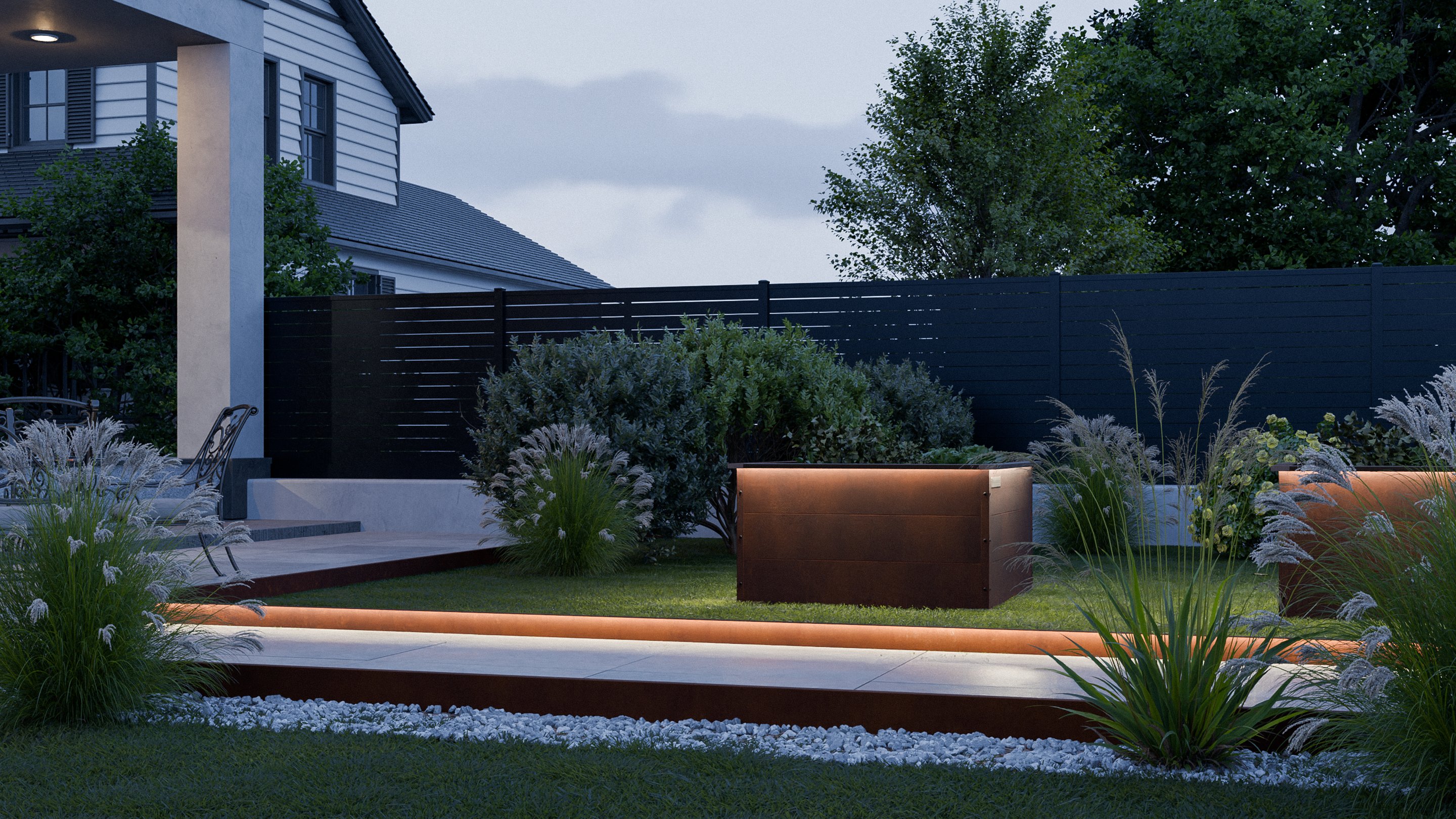 Garten bei Nacht mit beleuchteter LED-Rasenkante